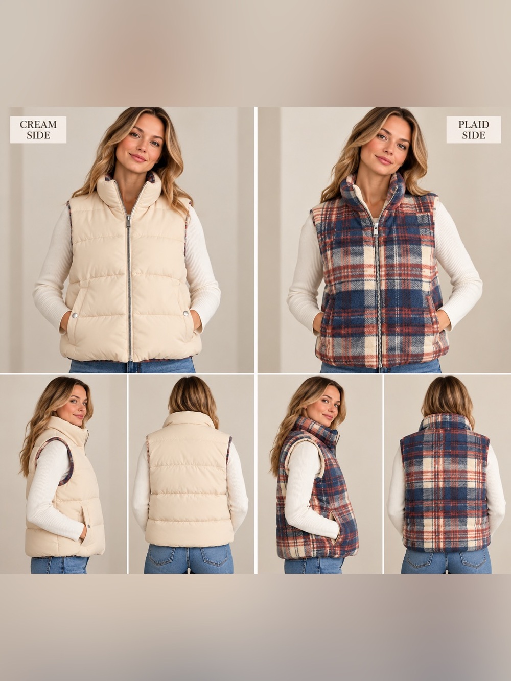 American Eagle Reversible Plaid Puffer Vest Cream Blue Red Size XL